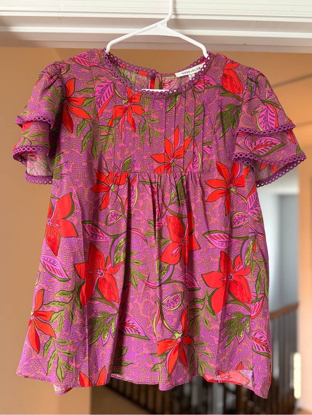 Rose + Olive Floral Peasant-Style Blouse. Size M